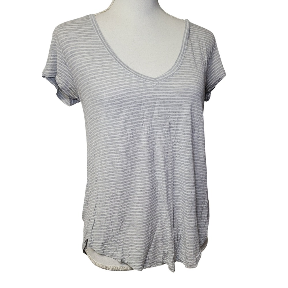 American Eagle Soft Sexy V Neck Striped T Shirt Gray White XS